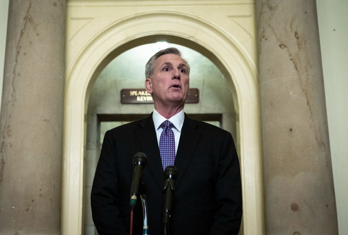 Speaker of the House Kevin McCarthy (R-CA) speaks during a news conference outside of his office at the U.S. Capitol on January 24, 2023 in Washington, DC.  (Drew Angerer/Getty Images)