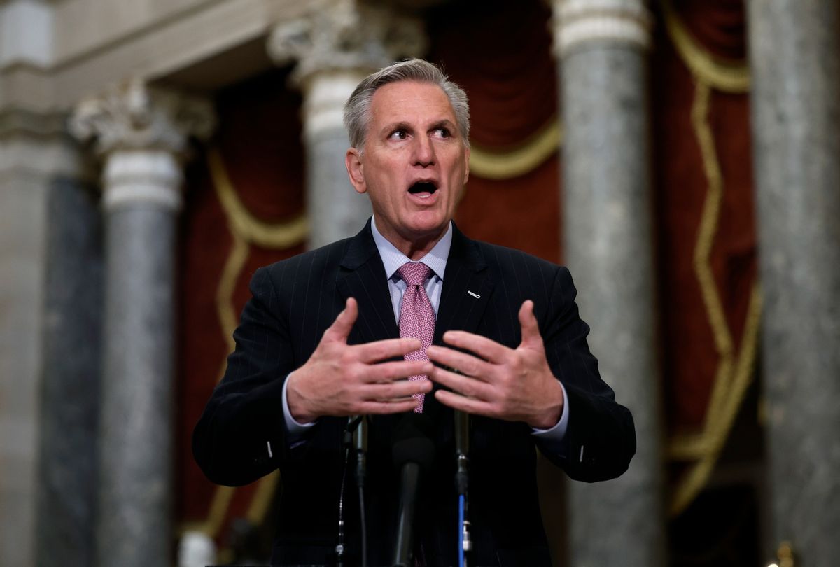 Speaker Kevin McCarthy (R-CA) speaks at a news conference in Statuary Hall of the U.S. Capitol Building on January 12, 2023 in Washington, DC.  (Anna Moneymaker/Getty Images)