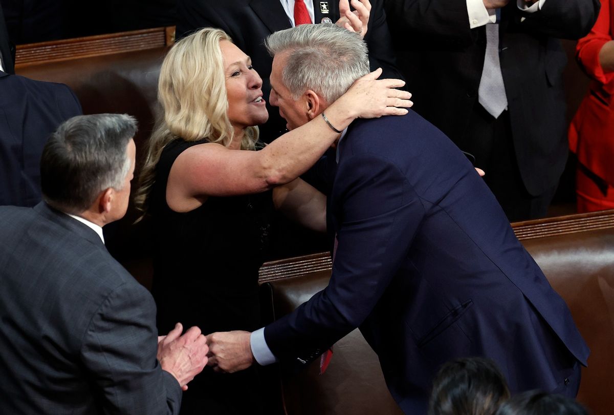 Rep.Marjorie Taylor Greene (R-GA) hugs U.S. House Republican Leader Kevin McCarthy (R-CA) after he is elected Speaker of the House in the House Chamber at the U.S. Capitol Building on January 07, 2023 in Washington, DC.  (Anna Moneymaker/Getty Images)