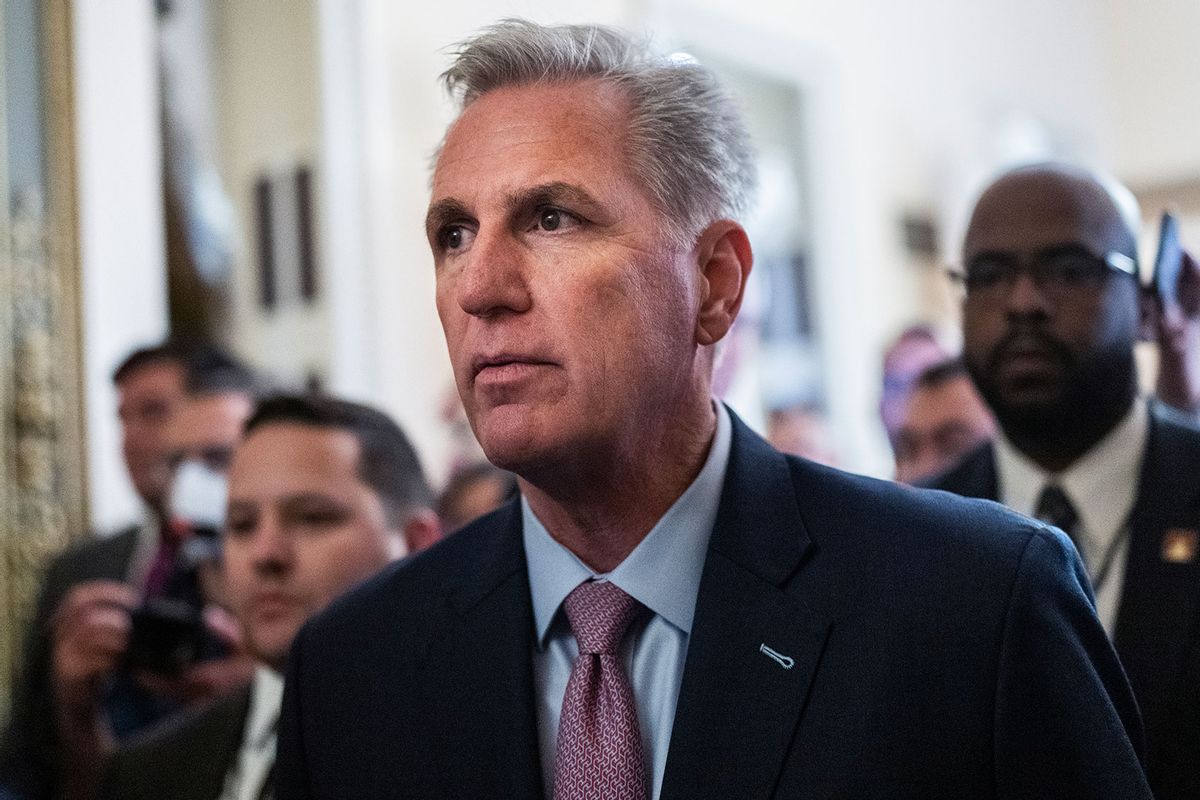 Republican Leader Kevin McCarthy, R-Calif., makes his way to the House floor before a vote for Speaker of House on Friday, January 6, 2023. (Tom Williams/CQ-Roll Call, Inc via Getty Images)