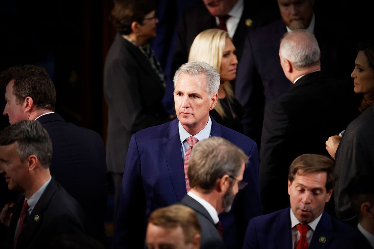 U.S. House Minority Leader Kevin McCarthy (R-CA) (C) walks among members of the House in between roll call votes for Speaker of the House of the 118th Congress in the House Chamber of the U.S. Capitol Building on January 03, 2023 in Washington, DC. (Chip Somodevilla/Getty Images)