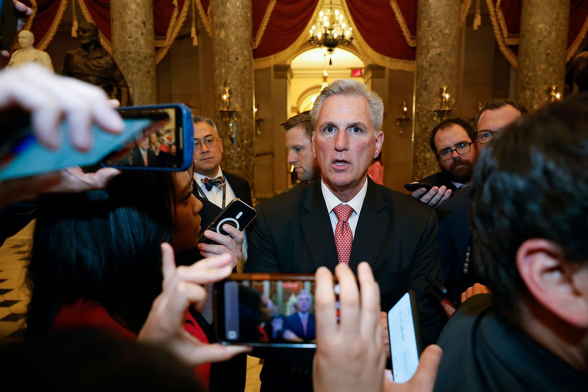 U.S. House Republican Leader Kevin McCarthy (R-CA) talks to reporters as he leaves the House Chamber during the third day of elections for Speaker of the House at the U.S. Capitol Building on January 05, 2023 in Washington, DC. (Tasos Katopodis/Getty Images)