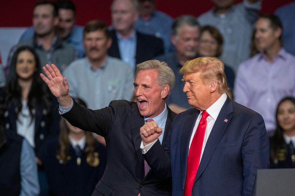 House Minority Leader Kevin McCarthy and U.S. President Donald Trump attend a legislation signing rally with local farmers on February 19, 2020 in Bakersfield, California. (David McNew/Getty Images)