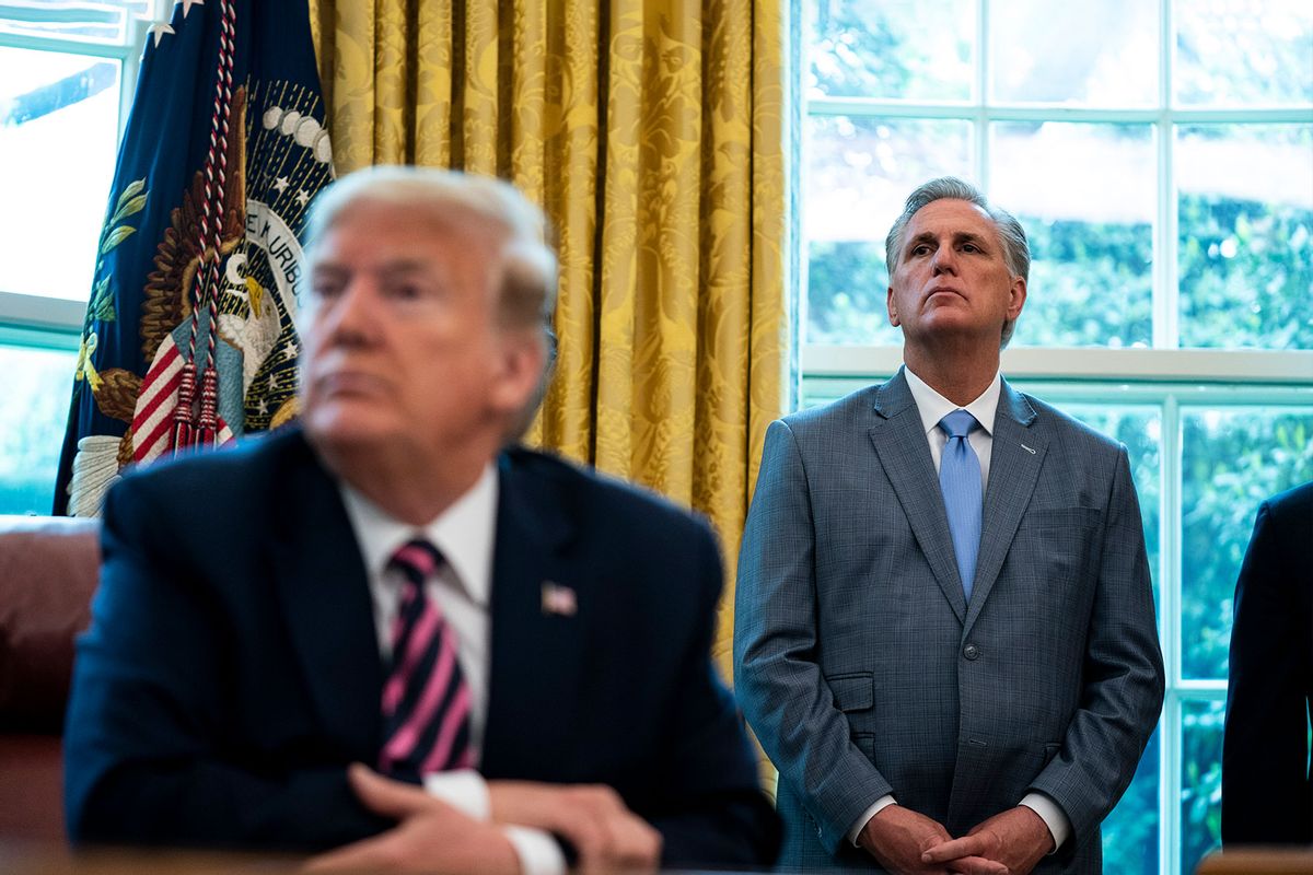 House Minority Leader Rep. Kevin McCarthy (R-CA) and U.S. President Donald Trump attend a signing ceremony for H.R. 266, the Paycheck Protection Program and Health Care Enhancement Act, in the Oval Office of the White House on April 24, 2020 in Washington, DC. (Anna Moneymaker/The New York Times/POOL/Getty Images)
