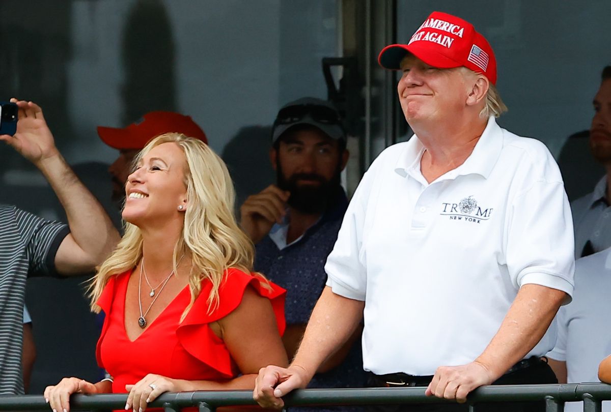 Former President Donald Trump and Marjorie Taylor Greene at the LIV Golf Invitational Series Bedminster on July 31, 2022 at Trump National Golf Club in Bedminster, New Jersey.  (Rich Graessle/Icon Sportswire via Getty Images)