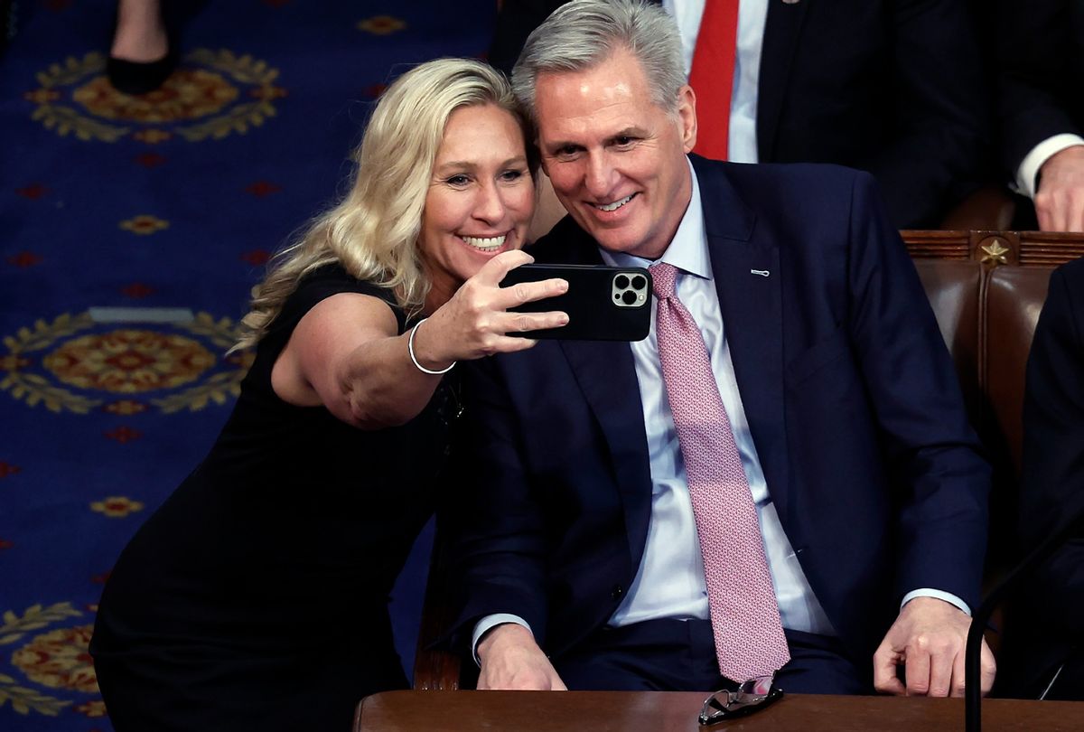 Marjorie Taylor Greene (R-GA) takes a photo with U.S. House Republican Leader Kevin McCarthy (R-CA) after being elected Speaker of the House in the House Chamber at the U.S. Capitol Building on January 07, 2023 in Washington, DC. ( Anna Moneymaker/Getty Images)