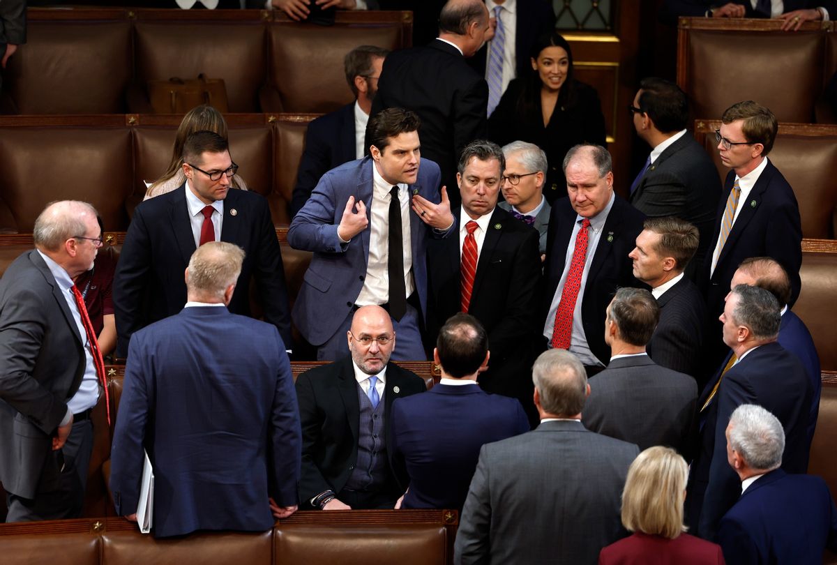 Rep.-elect Matt Gaetz (R-FL) talks to fellow members-elect during the second day of elections for Speaker of the House at the U.S. Capitol Building on January 04, 2023 in Washington, DC.  (Anna Moneymaker/Getty Images)