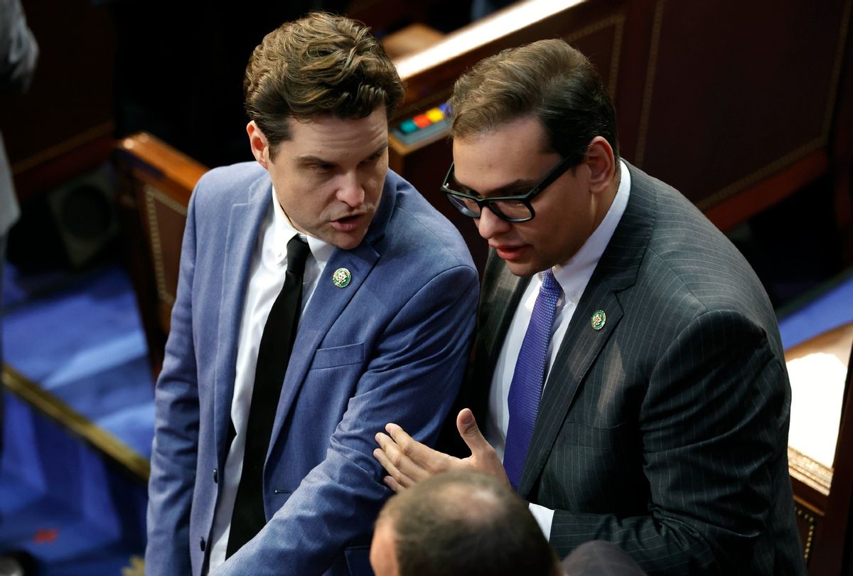 U.S. Rep.-elect Matt Gaetz (R-FL) (L) talks to Rep.-elect George Santos (R-NY) in the House Chamber during the second day of elections for Speaker of the House at the U.S. Capitol Building on January 04, 2023 in Washington, DC.  (Chip Somodevilla/Getty Images)