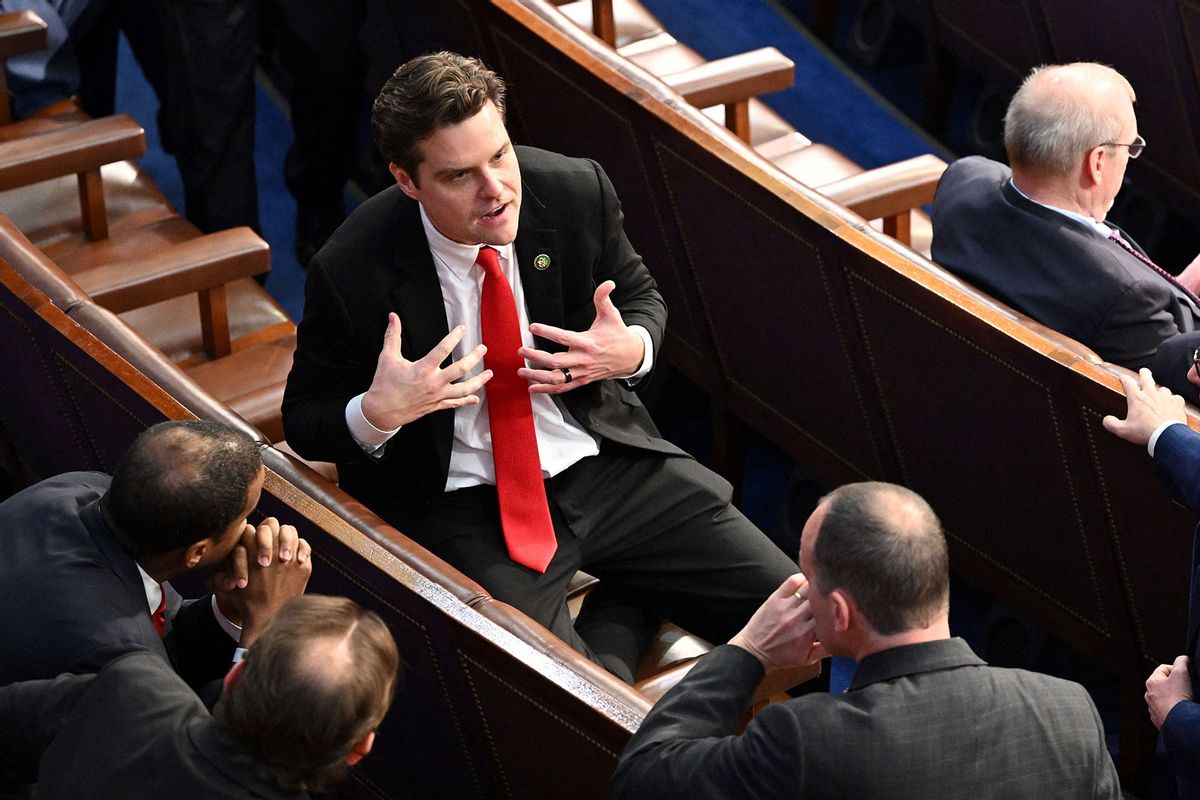 US Republican Representative from Florida Matt Gaetz speaks with lawmakers as the US House of Representatives convenes for the 118th Congress at the US Capitol in Washington, DC, January 3, 2023. (MANDEL NGAN/AFP via Getty Images)