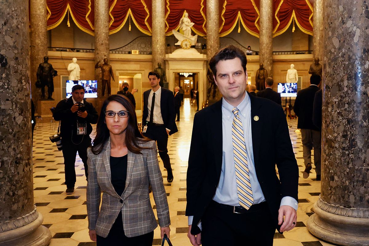 U.S. Rep.-elect Lauren Boebert (R-CO) (L) and Rep.-elect Matt Gaetz (R-FL) walk to the House Chamber during the third day of elections for Speaker of the House at the U.S. Capitol Building on January 05, 2023 in Washington, DC. (Tasos Katopodis/Getty Images)