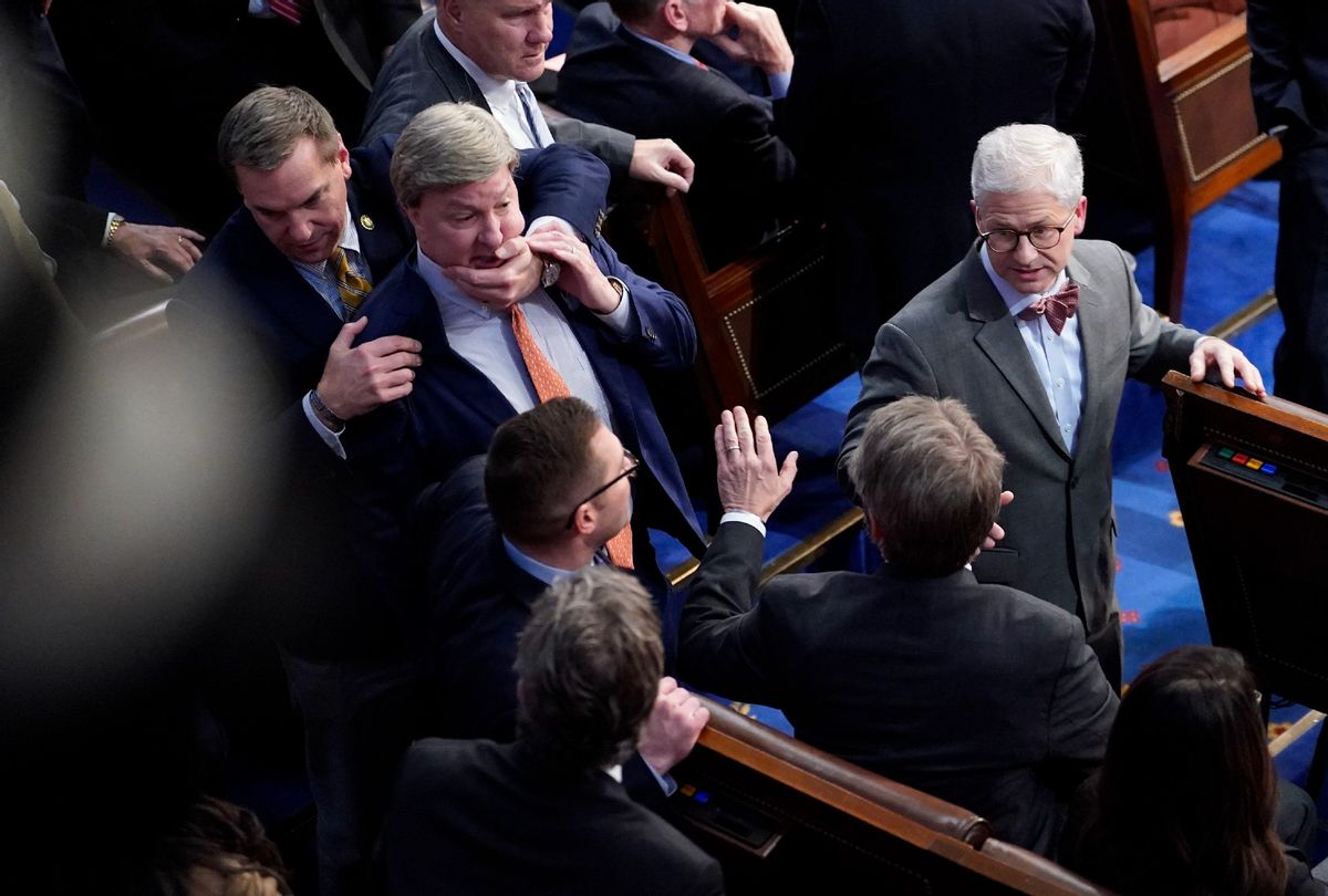Mike Rogers (R-AL) is restrained after getting into an argument with Matt Gaetz (R-FL) during in the 14th round of voting for speaker in a meeting of the 118th Congress, Friday, January 6, 2023, at the U.S. Capitol in Washington DC.  (Jabin Botsford/The Washington Post via Getty Images)