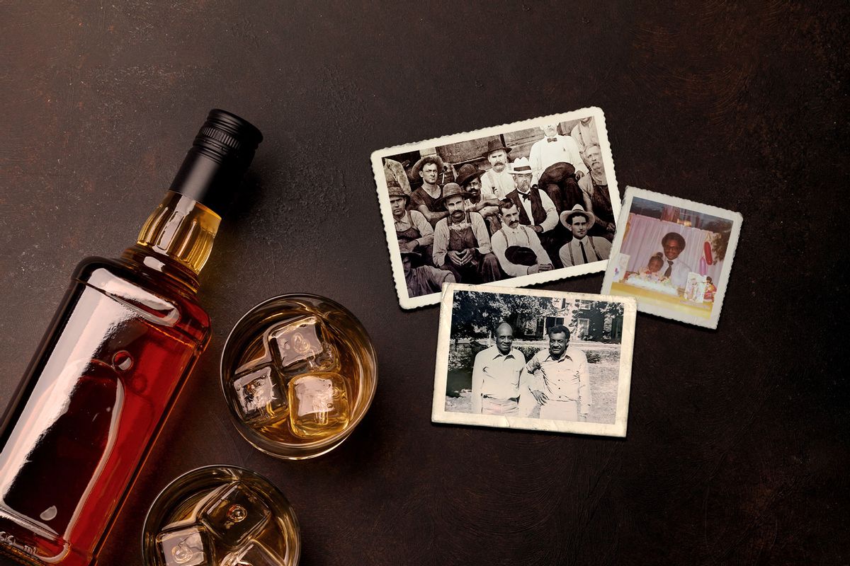 The author's family photos, and a picture of Jack Daniel (seen in the white hat) with Nearest Green’s son, George Green, to his immediate right. (Photo illustration by Salon/Getty Images/Jack Daniel Distillery/Family photos courtesy of the author)