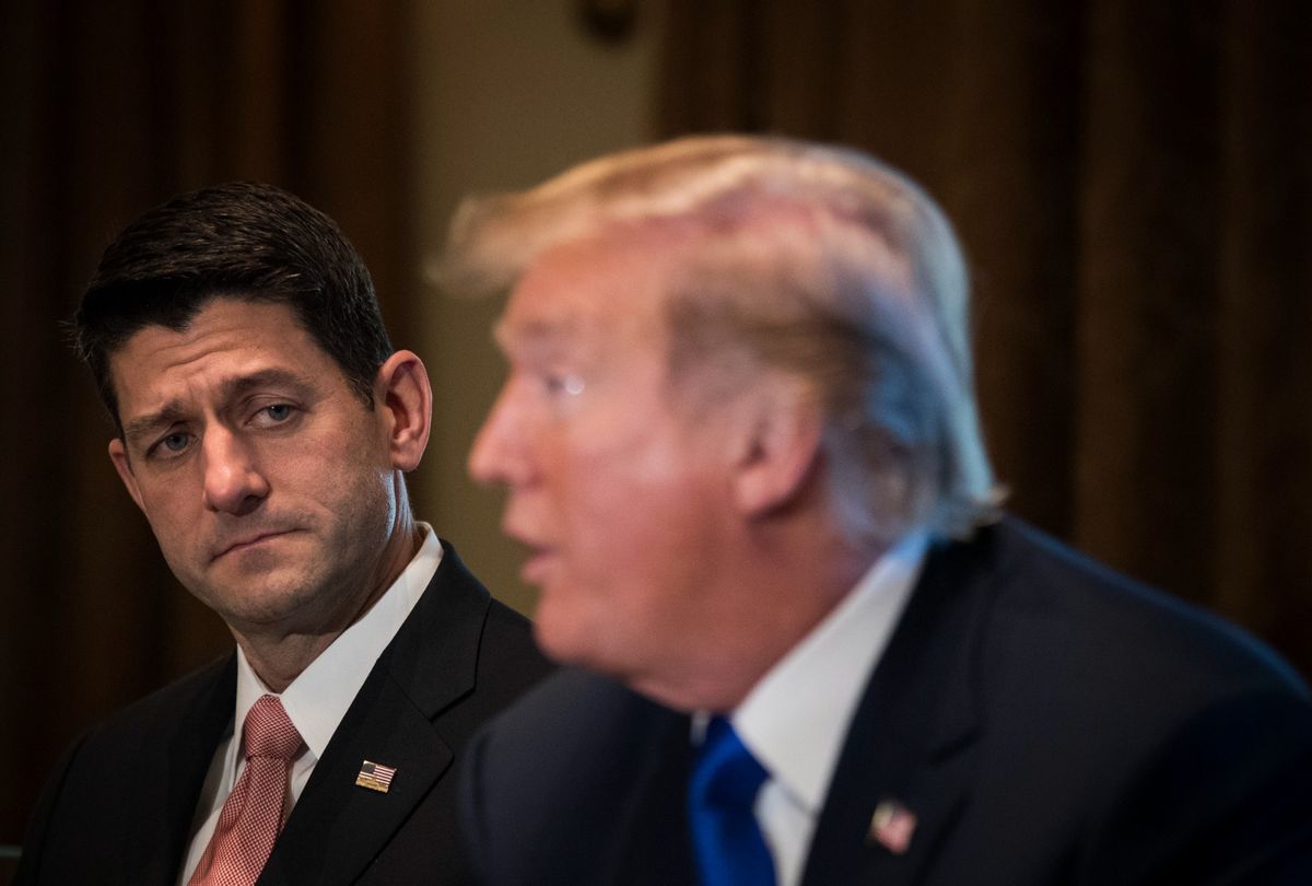 Former House Speaker Paul Ryan looks on as former President Donald Trump speaks about tax reform legislation during a meeting with members of the House Ways and Means Committee in the Cabinet Room at the White House, November 2, 2017 in Washington, DC.  (Drew Angerer/Getty Images)