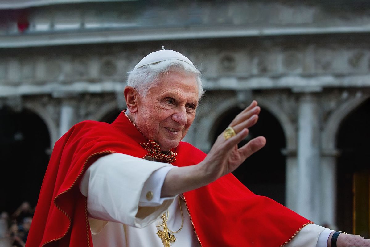 Pope Benedict XVI greets the crowd gathered in St Mark's Square while crossing the square on an electric car on May 7, 2011 in Venice, Italy. (Marco Secchi/Getty Images)
