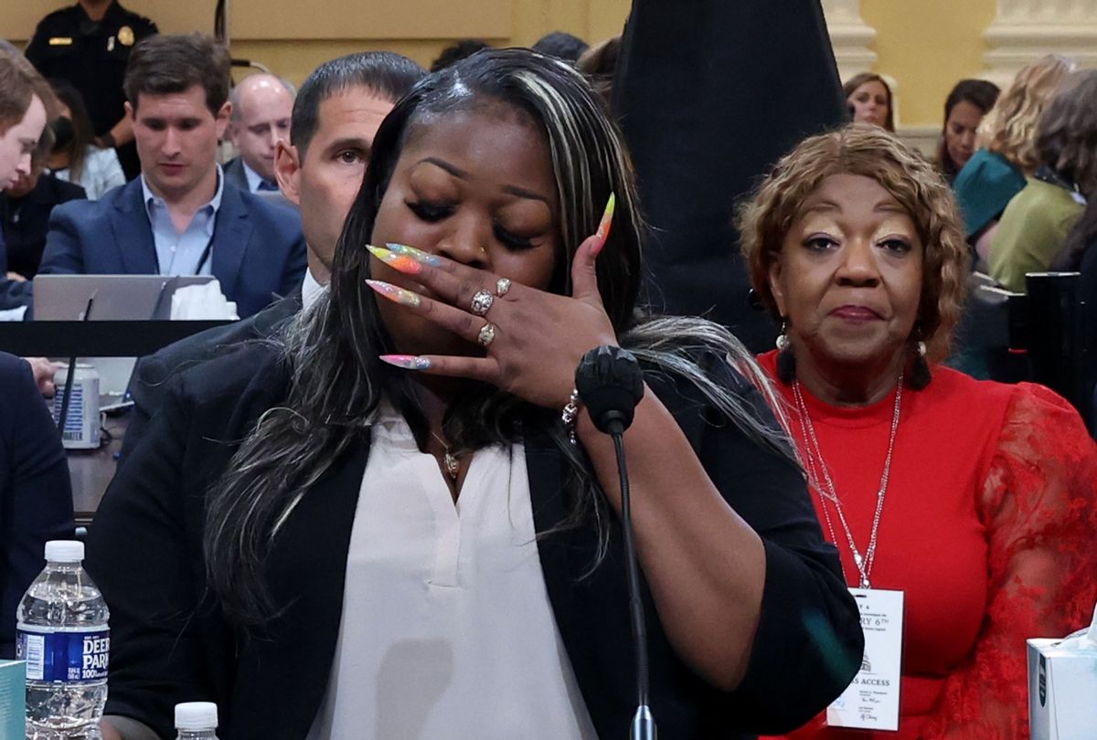 Wandrea ArShaye “Shaye” Moss, former Georgia election worker, becomes emotional while testifying as her mother Ruby Freeman watches during the fourth hearing held by the Select Committee to Investigate the January 6th Attack on the U.S. Capitol on June 21, 2022 in the Cannon House Office Building in Washington, DC.  (Michael Reynolds-Pool/Getty Images)