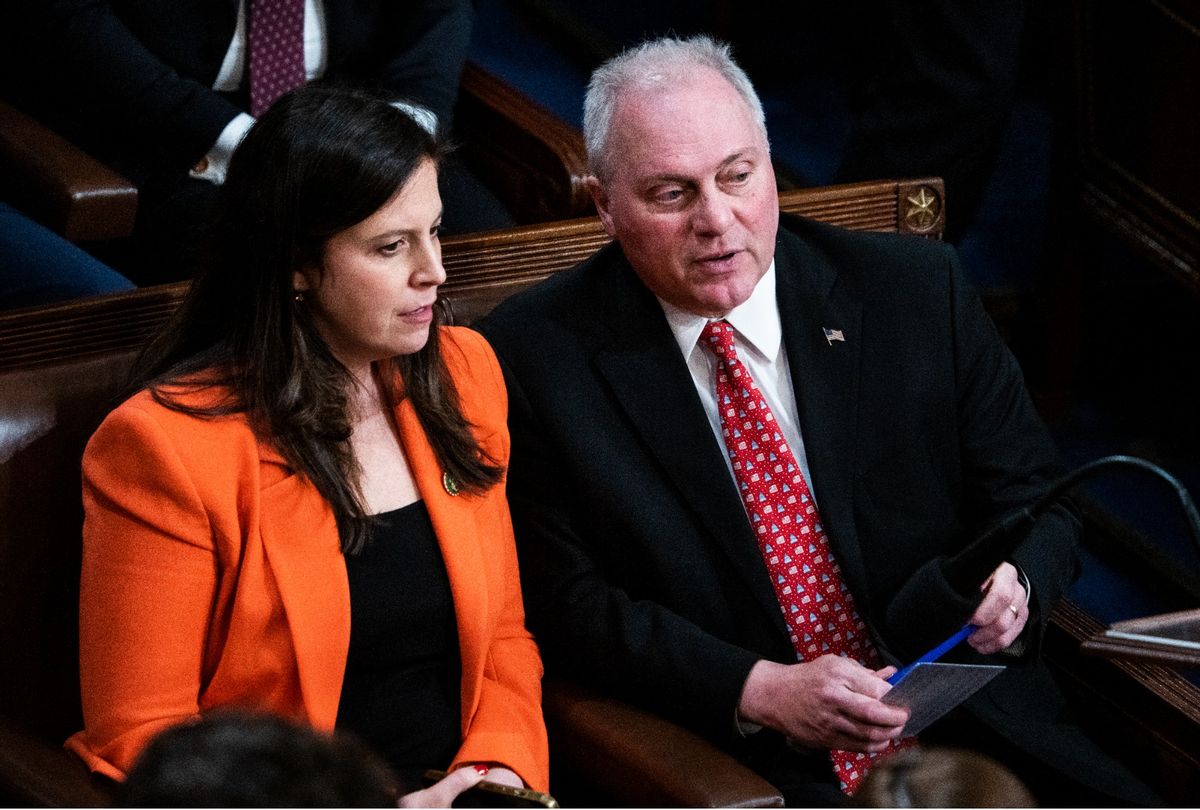 Rep. Steve Scalise, R-La., and House Republican Conference Chair Elise Stefanik, R-N.Y., are seen on the House floor during a vote in which House Republican Leader Kevin McCarthy, R-Calif., did not receive enough votes to become Speaker of the House on Wednesday, January 4, 2023.  (Tom Williams/CQ-Roll Call, Inc via Getty Images)