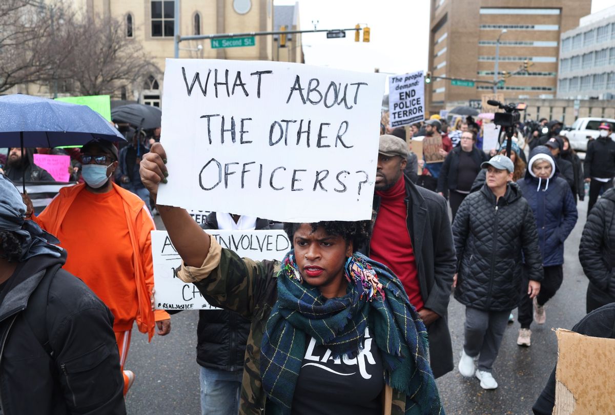Demonstrators march through downtown protesting the death of Tyre Nichols on January 28, 2023 in Memphis, Tennessee.  (Scott Olson/Getty Images)