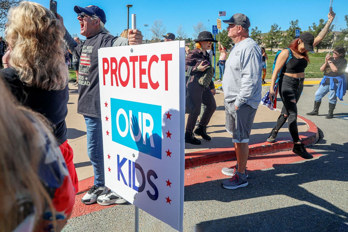 Protesters rally against Christynne Wood, a transgender woman who was criticized for using the female locker room at the YMCA, in Santee, a suburban city in San Diego County California, January 21, 2023. (SANDY HUFFAKER/AFP via Getty Images)