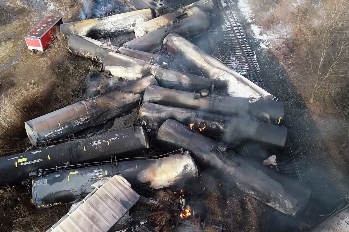 Drone footage shows the freight train derailment in East Palestine, Ohio, U.S., February 6, 2023 in this screengrab obtained from a handout video released by the NTSB. (National Transportation Safety Board/WikiCommons)