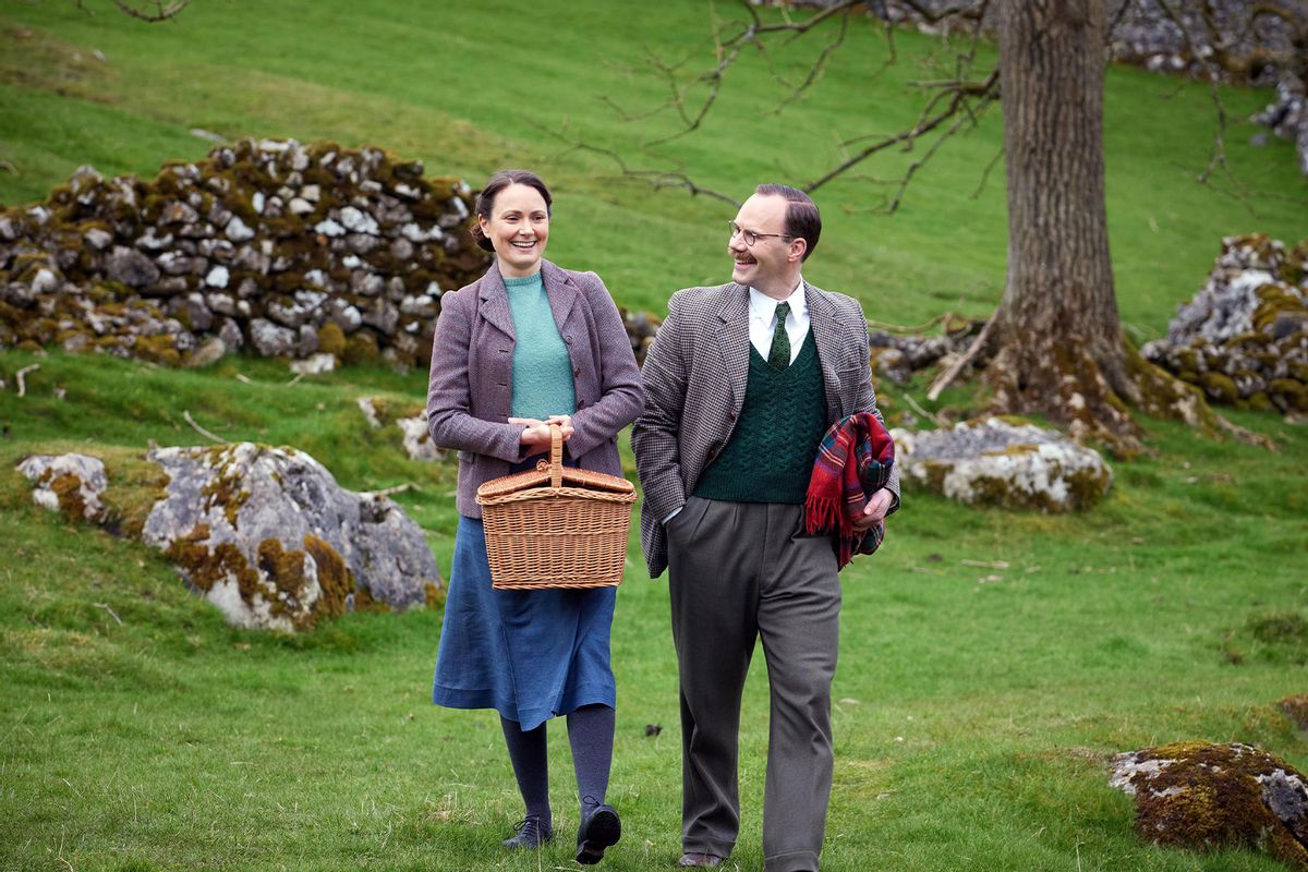 Anna Madeley (plays Mrs Hall) and Will Thorp (plays Gerald Hammond) in "All Creatures Great and Small" (Courtesy of Playground Entertainment / MASTERPIECE)