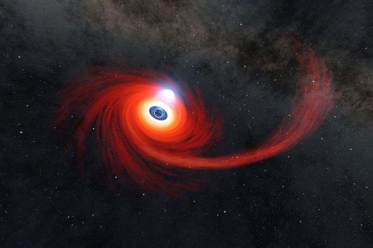 A disk of hot gas swirls around a black hole in this illustration. The stream of gas stretching to the right is what remains of a star that was pulled apart by the black hole. (NASA/JPL-Caltech)