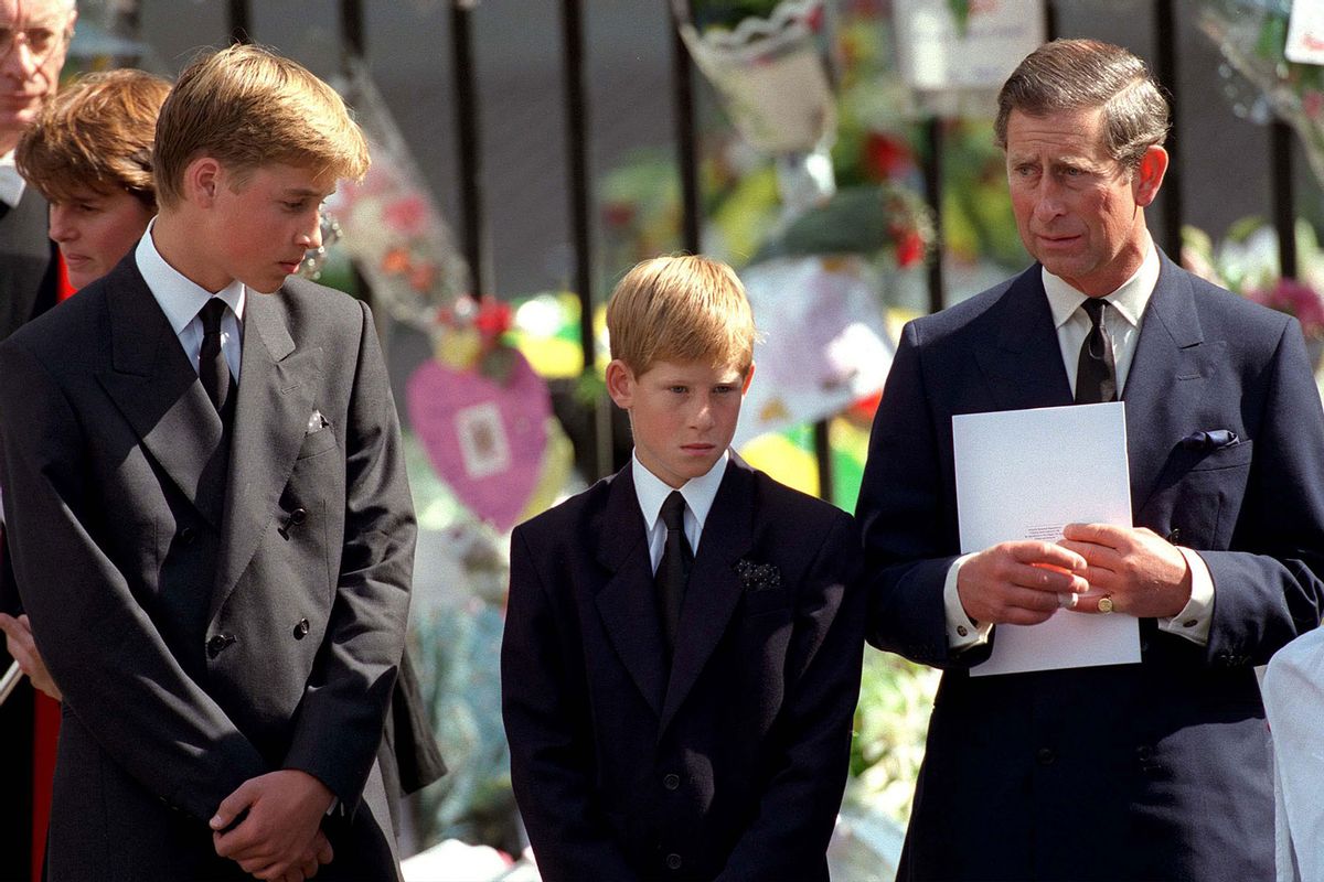 The Prince of Wales with Prince William and Prince Harry outside Westminster Abbey at the funeral of Diana, The Princess of Wales on September 6, 1997. (Anwar Hussein/WireImage/Getty Images)