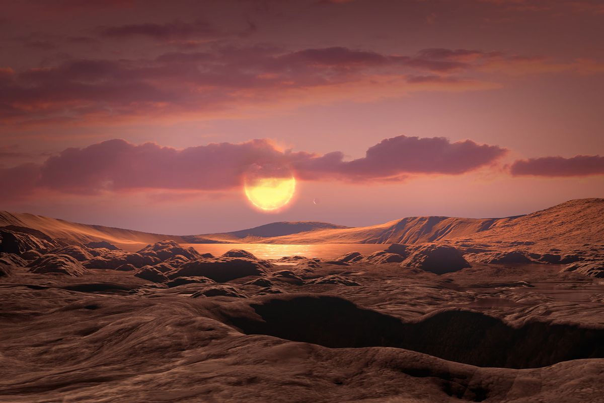 Artist’s conception of a rocky Earth-mass exoplanet, called Kepler-1649c, orbiting a red dwarf star. (NASA/Ames Research Center/Daniel Rutter)