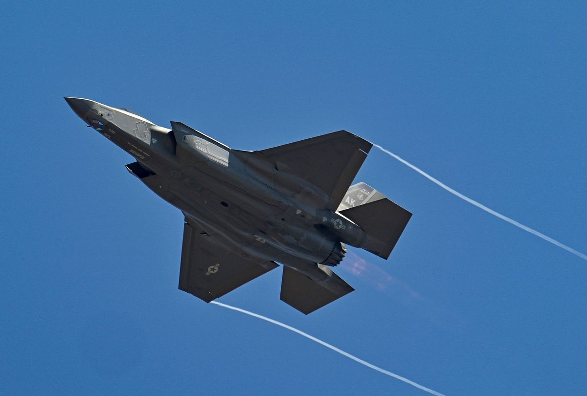A US Air Force (USAF) fifth-generation supersonic multirole F-35 fighter jet flies past during a flying display on February 14, 2023.  (MANJUNATH KIRAN/AFP via Getty Images)