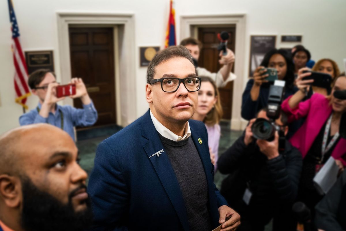 Reporters surround embattled Rep. George Santos (R-NY) as he heads to the House Chamber for a vote, at the U.S. Capitol on Tuesday, Jan. 31, 2023 in Washington, DC. (Kent Nishimura / Los Angeles Times via Getty Images)