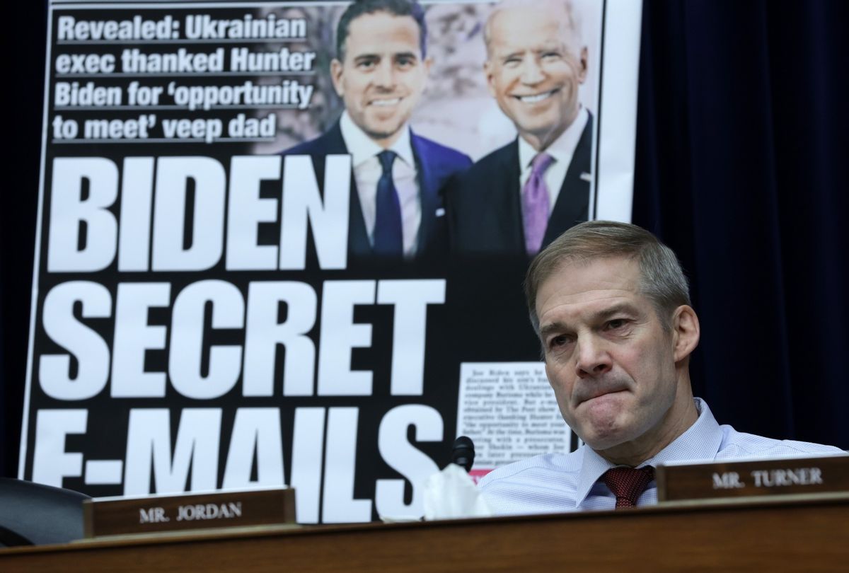 With a poster of a New York Post front page story about Hunter Biden’s emails on display, Rep. Jim Jordan (R-OH) listens during a hearing before the House Oversight and Accountability Committee at Rayburn House Office Building on Capitol Hill on February 8, 2023 in Washington, DC. (Alex Wong/Getty Images)