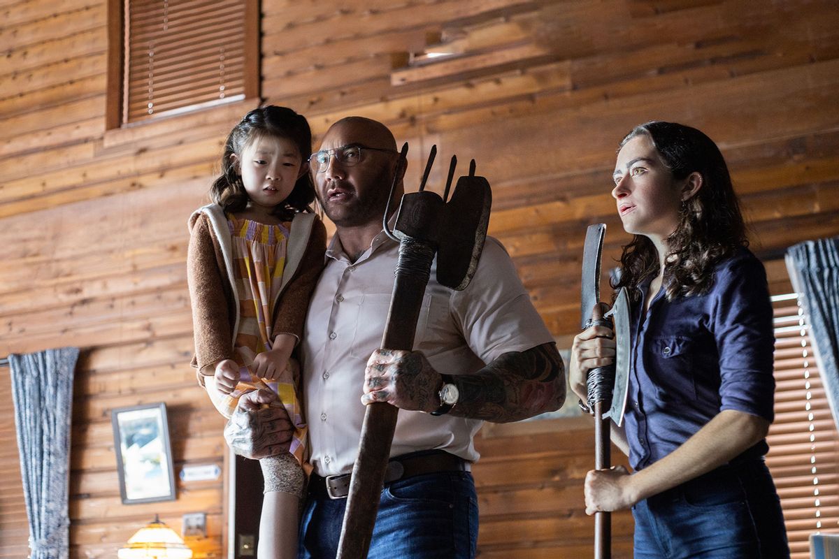 Wen (Kristen Cui), Leonard (Dave Bautista) and Adriane (Abby Quinn) in "Knock at the Cabin" (Universal)