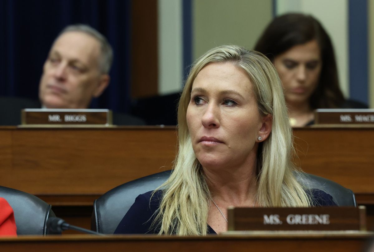 Rep. Marjorie Taylor Greene (R-GA) participates in a meeting of the House Oversight and Reform Committee in the Rayburn House Office Building on January 31, 2023 in Washington, DC.  (Kevin Dietsch/Getty Images)