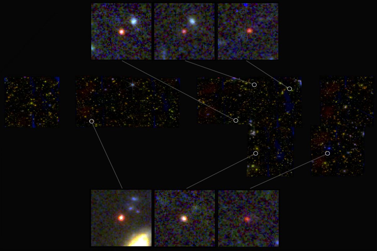 A mosaic collected by James Webb of a region of space close to the Big Dipper, with insets showing the location of six new candidate galaxies from the dawn of the universe. (NASA, ESA, CSA, I. Labbe (Swinburne University of Technology), G. Brammer (Niels Bohr Institute’s Cosmic Dawn Center at the University of Copenhagen))
