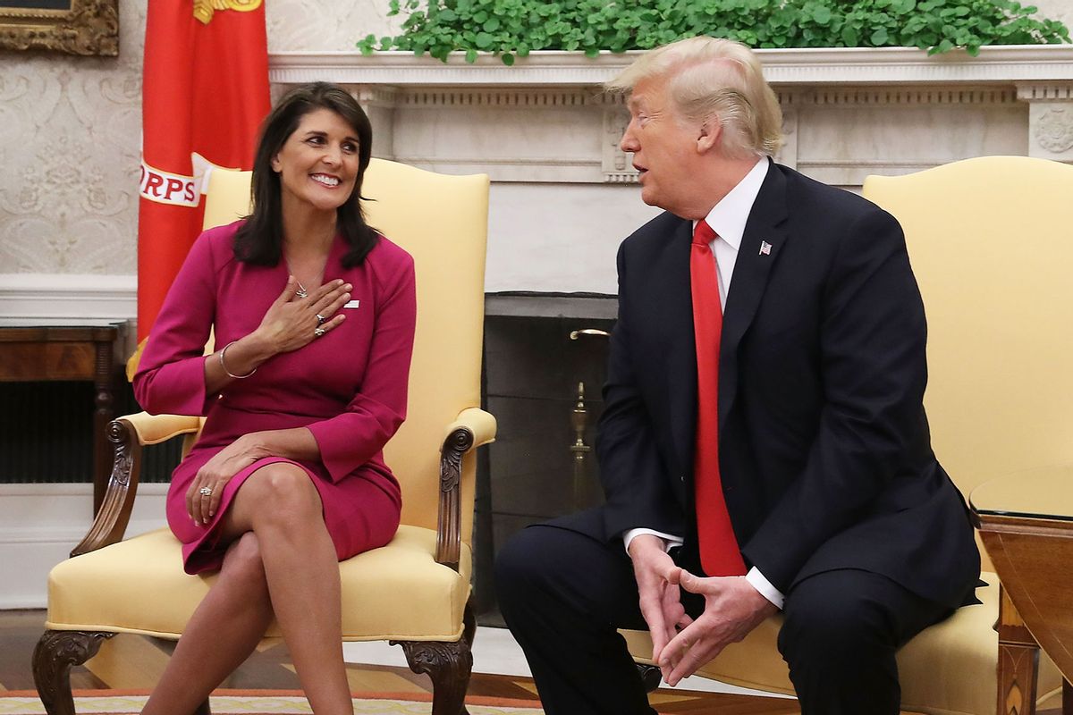 U.S. President Donald Trump announces that he has accepted the resignation of Nikki Haley as US Ambassador to the United Nations, in the Oval Office on October 9, 2018 in Washington, DC. (Mark Wilson/Getty Images)