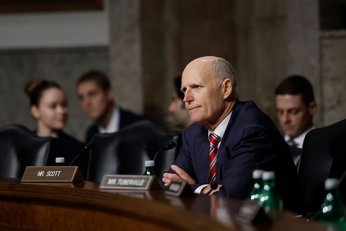 Sen. Rick Scott (R-FL) speaks during a hearing with the Senate Armed Services Committee Hearing on Capitol Hill on February 15, 2023 in Washington, DC. (Anna Moneymaker/Getty Images)