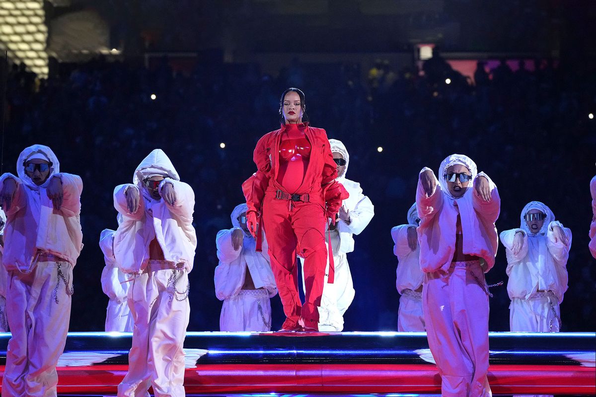 Rihanna performs during Apple Music Super Bowl LVII Halftime Show at State Farm Stadium on February 12, 2023 in Glendale, Arizona. (Kevin Mazur/Getty Images for Roc Nation)
