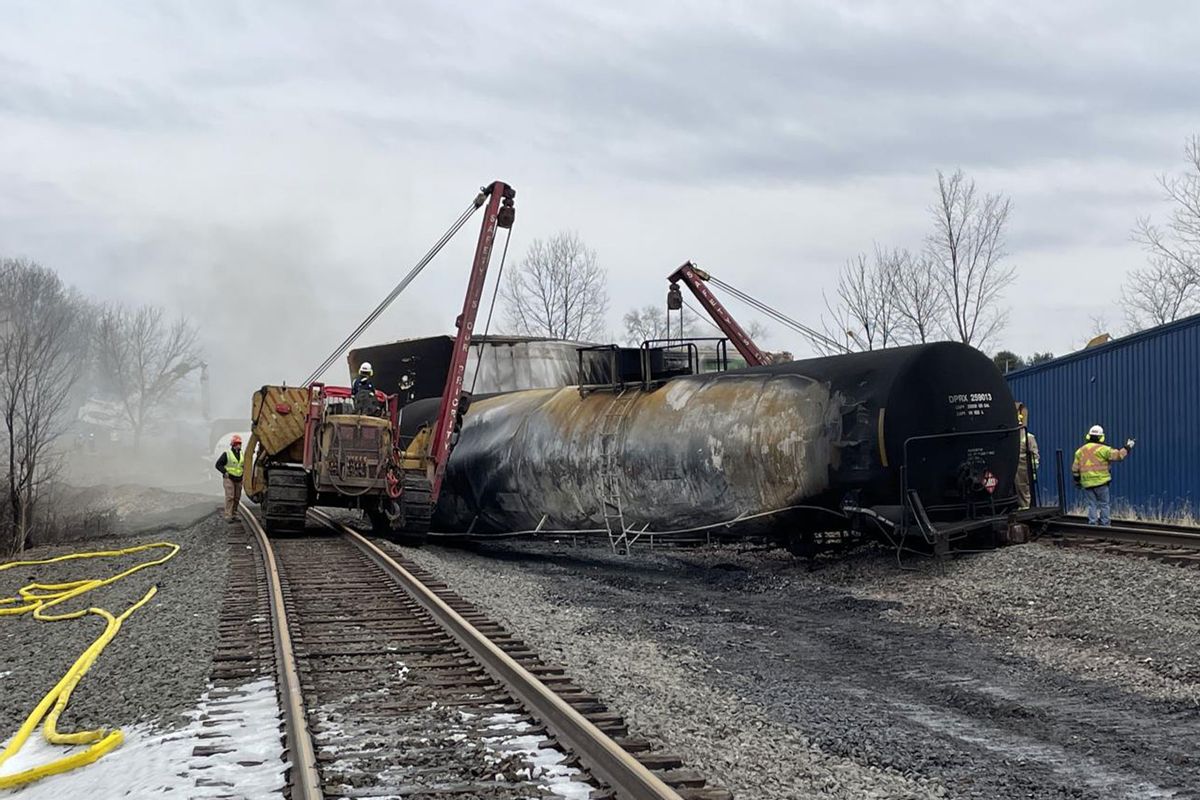 Officials continue to conduct operation and inspect the area after the train derailment in East Palestine, Ohio, United States on February 17, 2023. (US Environmental Protection Agency / Handout/Anadolu Agency via Getty Images)