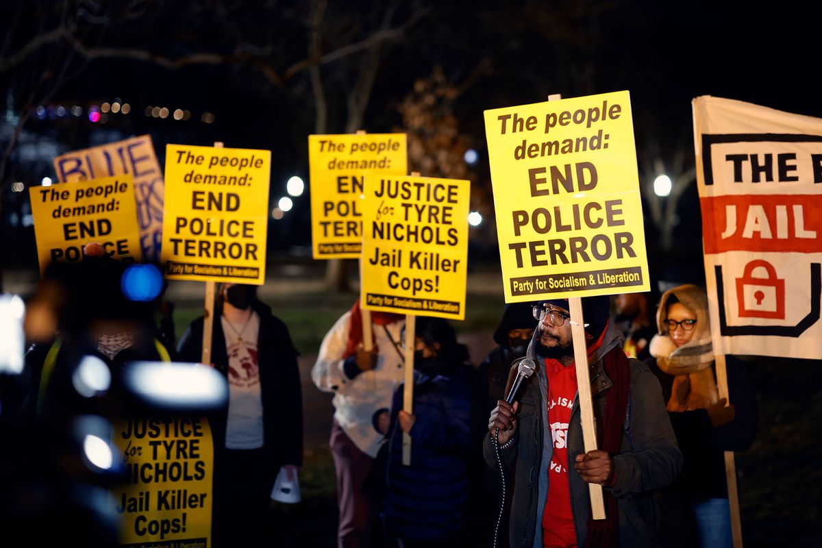 Demonstrators participate in a protest against the police killing of Tyre Nichols on January 27, 2023 in Washington, DC. (Tasos Katopodis/Getty Images)