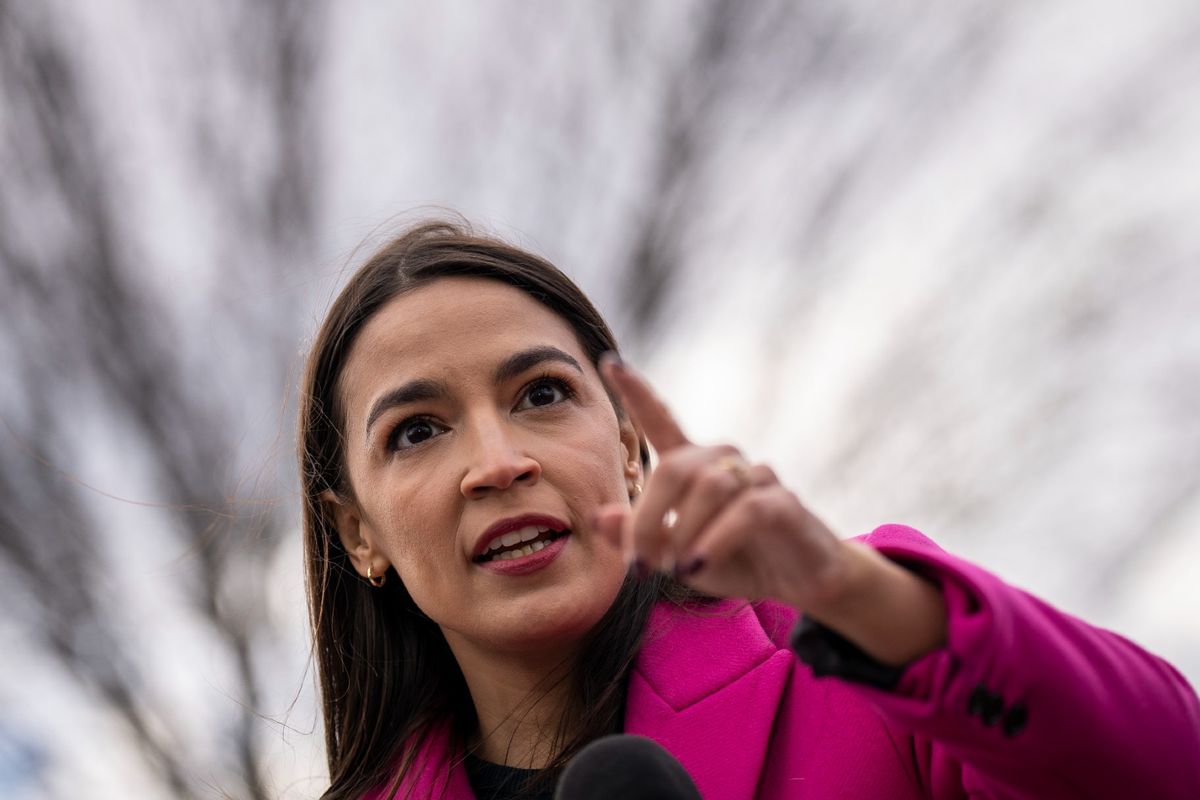 Rep. Alexandria Ocasio-Cortez (D-NY) speaks during a news conference with Democratic lawmakers about the Biden administrations border politics, outside the U.S. Capitol on January 26, 2023 in Washington, DC. (Drew Angerer/Getty Images)