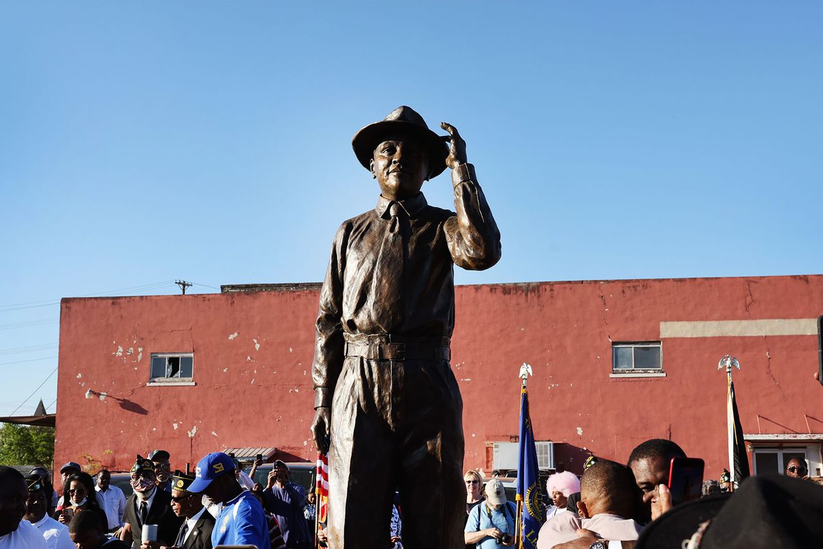 A statue of Emmett Till is unveiled on October 21, 2022 in Greenwood, Mississippi. (Scott Olson/Getty Images)