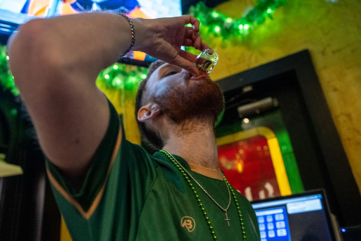 A scene at the Playwright Irish Pub in Manhattan after the 2022 St. Patrick's Day Parade. (Alexi Rosenfeld/Getty Images)