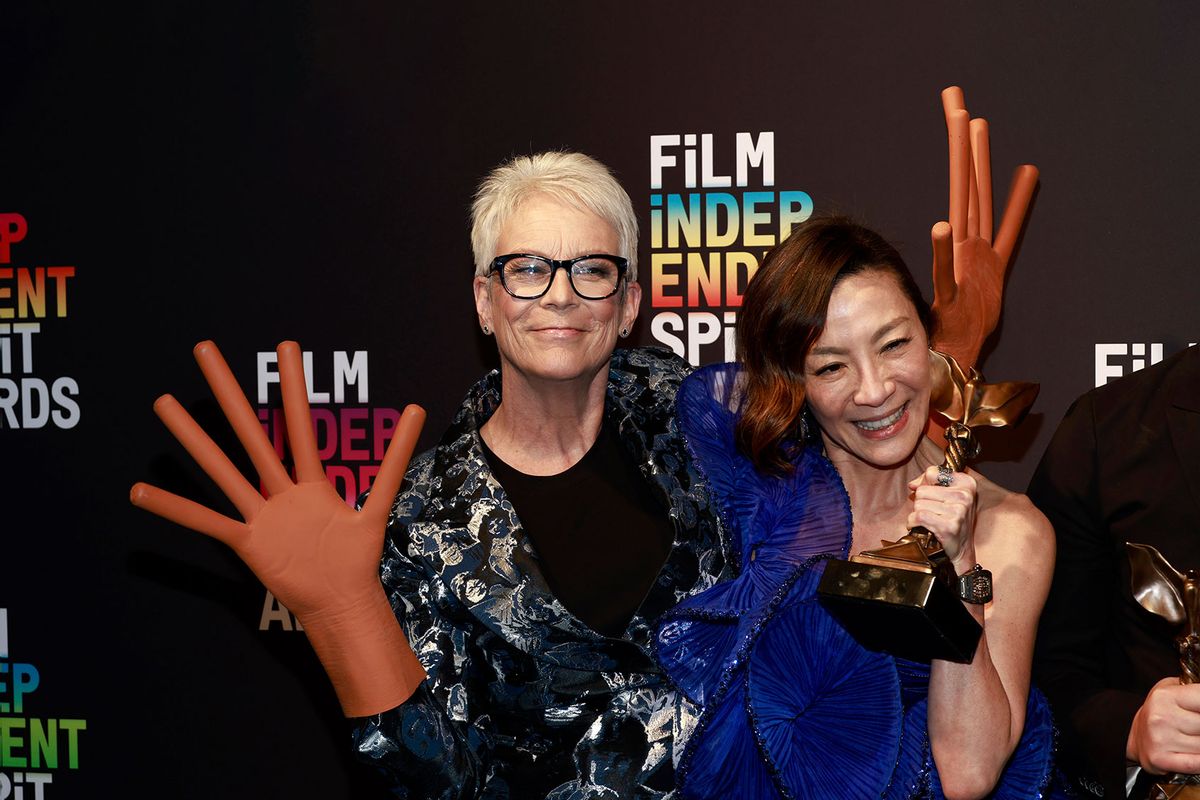 Jamie Lee Curtis and Michelle Yeoh, winners of the Best Feature award for “Everything Everywhere All at Once” pose in the press room during the 2023 Film Independent Spirit Awards on March 04, 2023 in Santa Monica, California. (Emma McIntyre/Getty Images)