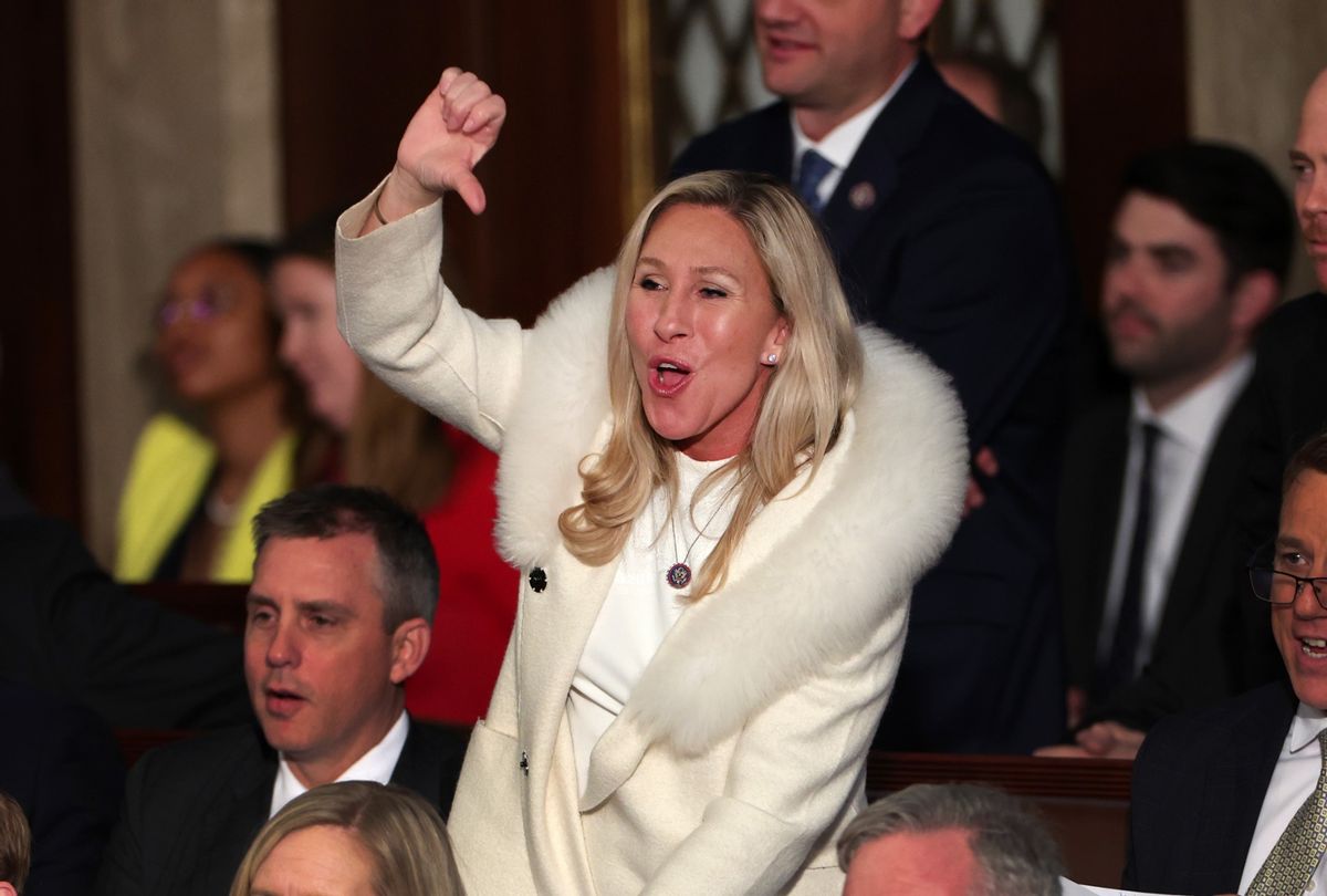 Rep. Marjorie Taylor Greene (R-GA) gives a thumbs down during President Joe Biden's State of the Union address during a joint meeting of Congress in the House Chamber of the U.S. Capitol on February 07, 2023 in Washington, DC.  (Win McNamee/Getty Images)