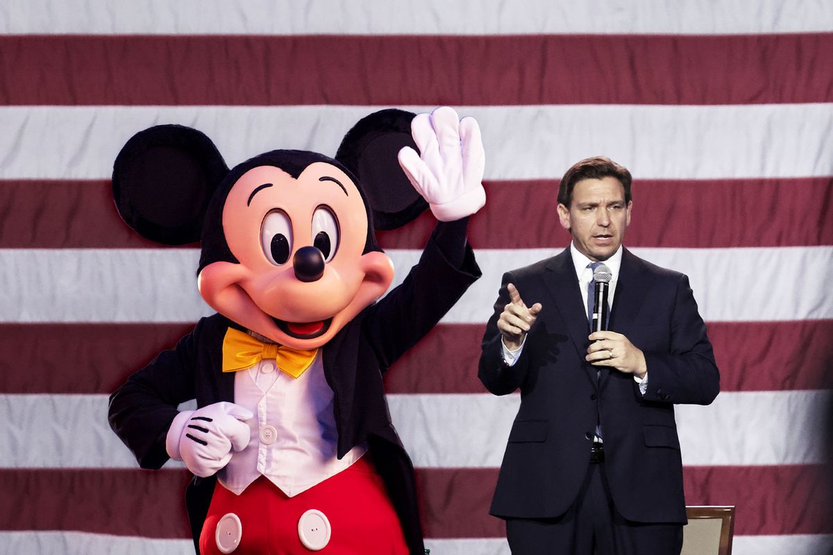 Mickey Mouse and Ron DeSantis (Photo illustration by Salon/Getty Images)