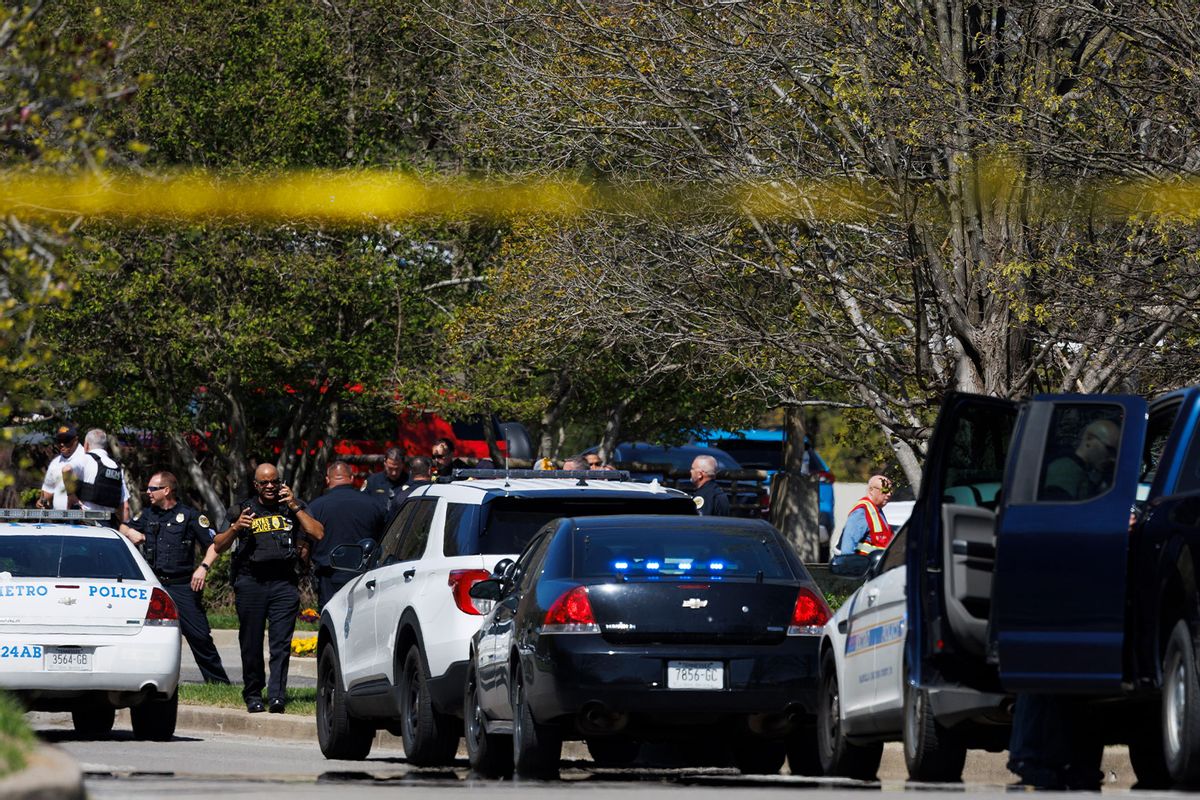 Police work near the scene of a mass shooting at the Covenant School on March 27, 2023 in Nashville, Tennessee. (Brett Carlsen/Getty Images)