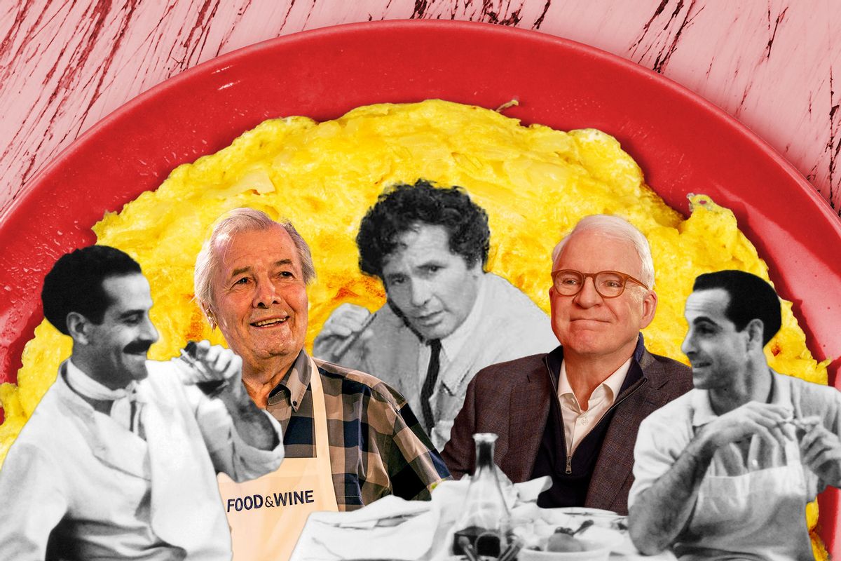 Tony Shalhoub and Stanley Tucci from the movie "Big Night," chef Jacques Pepin, Peter Falk as Lieutenant Colombo in "Colombo," and Steve Martin as Charles in "Only Murders In The Building" in front of an omelette. (Photo illustration by Salon/Getty Images/Craig Blankenhorn/Hulu)