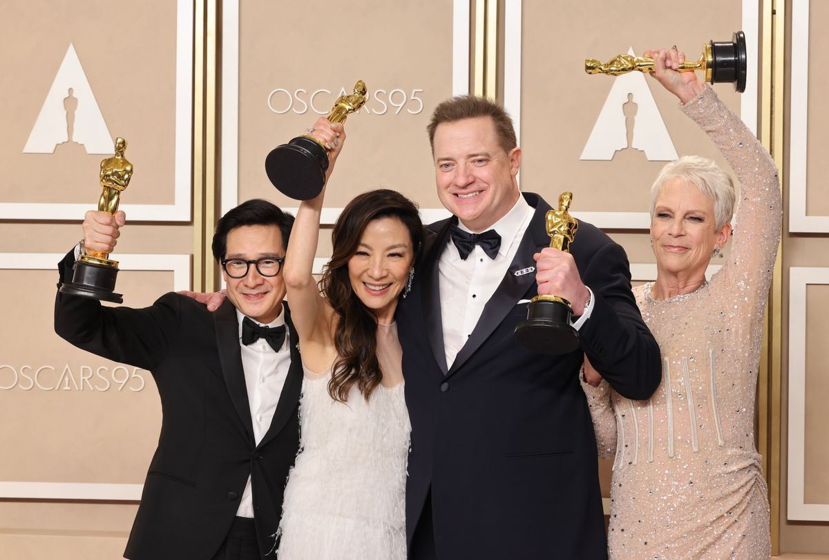 Oscar acting winners Ke Huy Quan, Michelle Yeoh, Brendan Fraser and Jamie Lee Curtis in the press room during the 95th Annual Academy Awards at Ovation Hollywood on March 12, 2023 in Hollywood, California (Rodin Eckenroth/Getty Images)