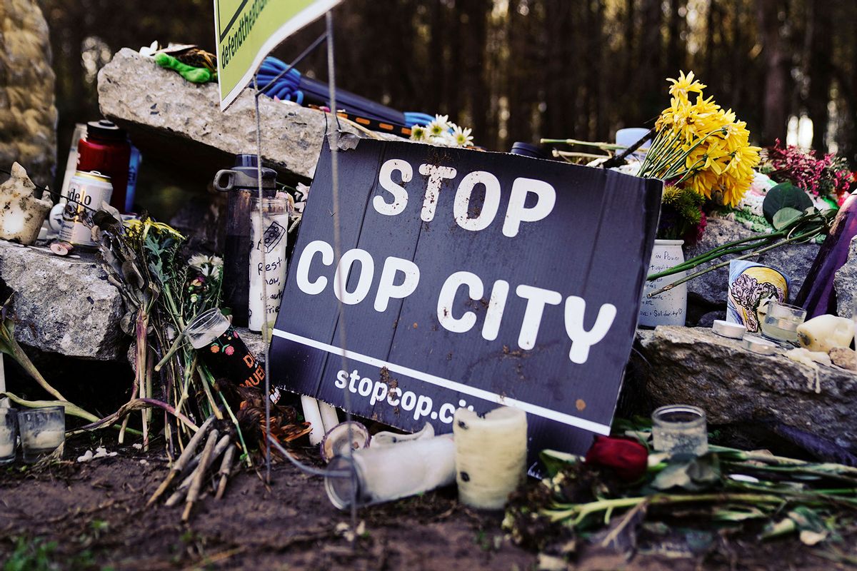 A makeshift memorial for environmental activist Manuel Teran, who was deadly assaulted by law enforcement during a raid to clear the construction site of a police training facility that activists have nicknamed "Cop City" near Atlanta, Georgia on February 6, 2023. (CHENEY ORR/AFP via Getty Images)