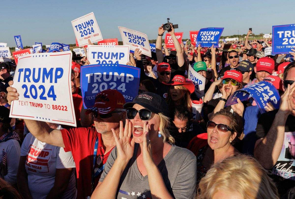 Supporters of former President Donald Trump cheer as he speaks at a 2024 election campaign rally in Waco, Texas, March 25, 2023. (SHELBY TAUBER/AFP via Getty Images)