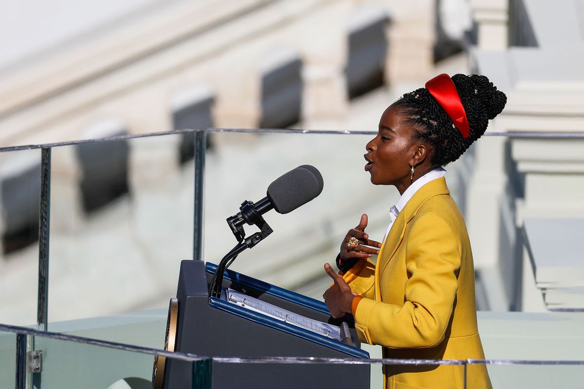 Poet Amanda Gorman recites a poem during the Presidential Inauguration on Wednesday, Jan. 20, 2021 in Washington, D.C. (Gabrielle Lurie / The San Francisco Chronicle via Getty Images)